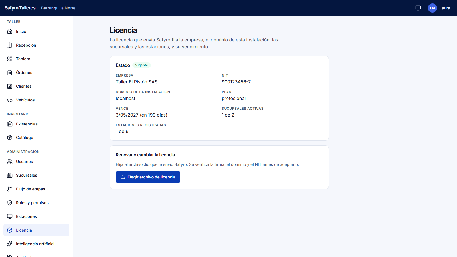 Pantalla de licencia con la empresa, las sucursales y estaciones incluidas y la fecha de vencimiento