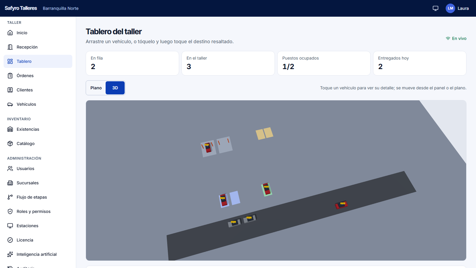 Vista 3D del taller con los vehículos en sus espacios, el mismo estado del plano